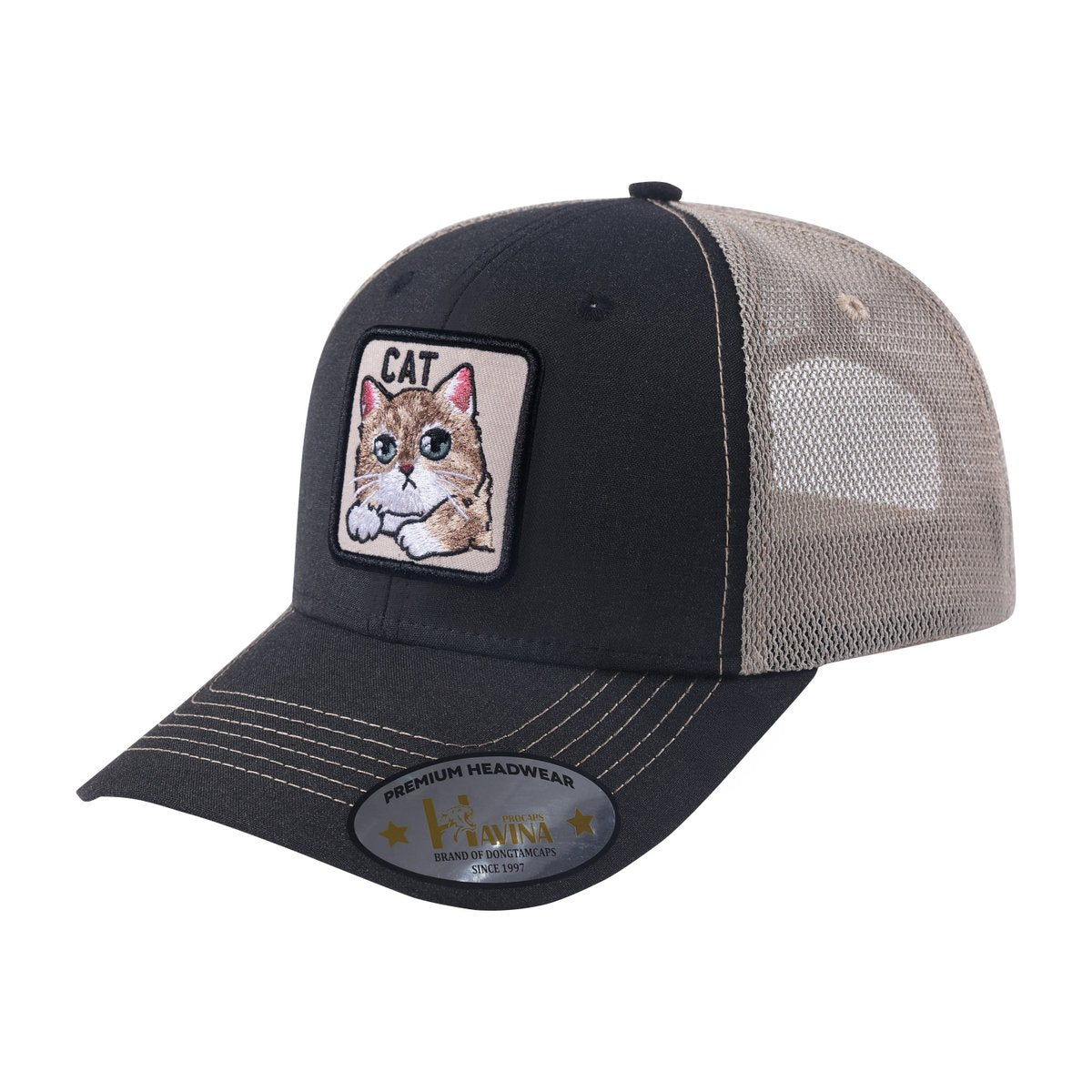 Cat 6-Panel Trucker Hat with Black front and Light Grey back