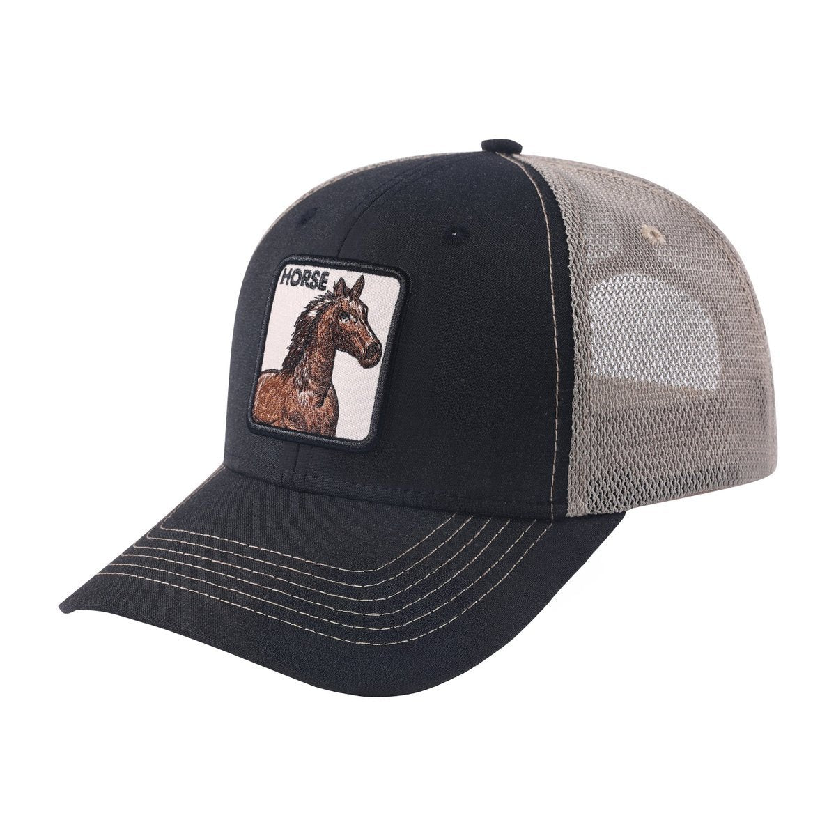 Horse 6-Panel Trucker Hat with Black front and Khaki back