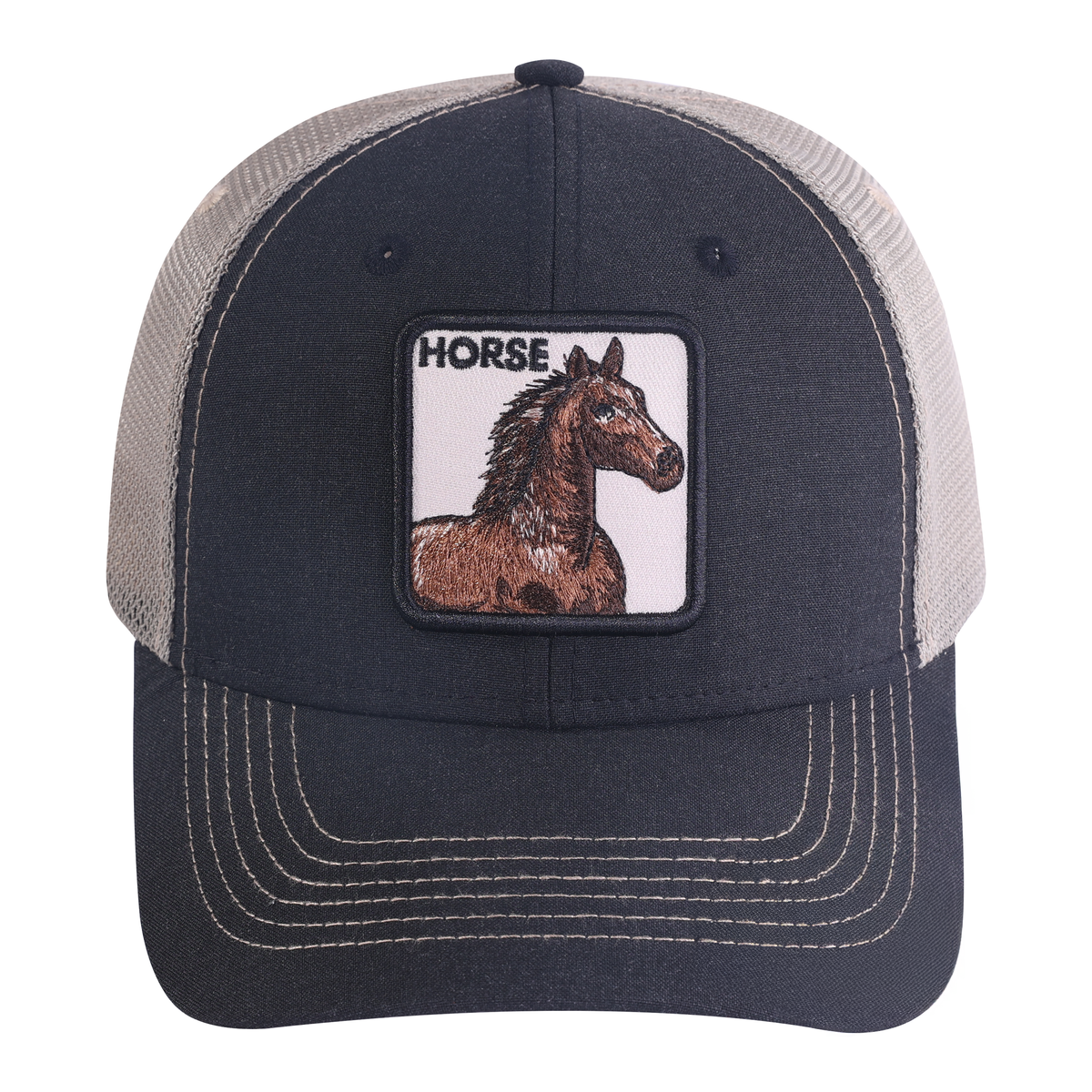 Horse 6-Panel Trucker Hat with Black front and Light Grey back