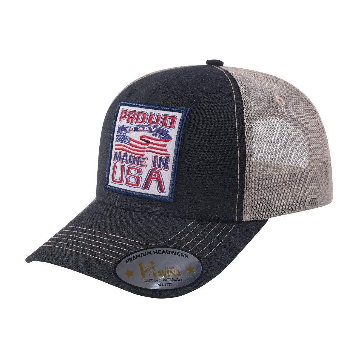Proud to Say Made in USA 6-Panel Trucker Hat with Black front and Khaki back