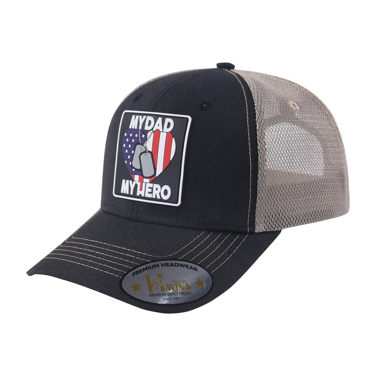 My Dad My Hero 6-Panel Trucker Hat with Black front and Khaki back