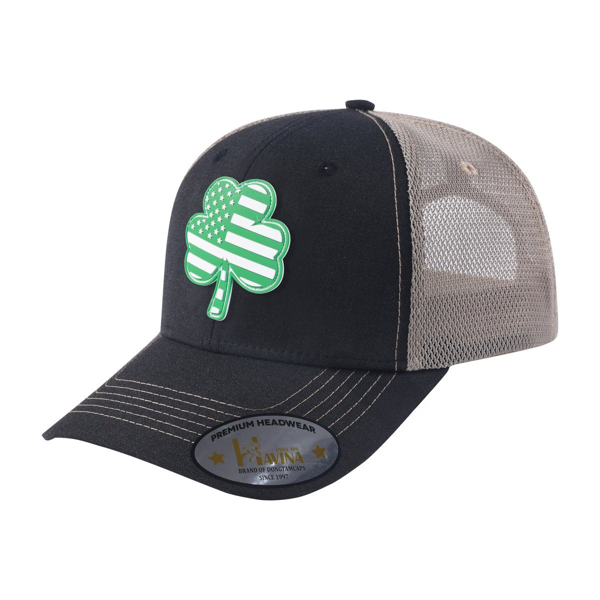 St. Patrick's Day Four Leaf Shamrock 6-Panel Trucker Hat with Black front and Khaki back