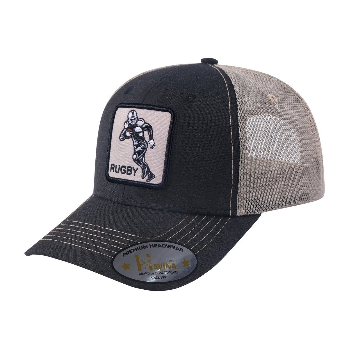 Rugby 6-Panel Trucker Hat with Black front and Khaki back