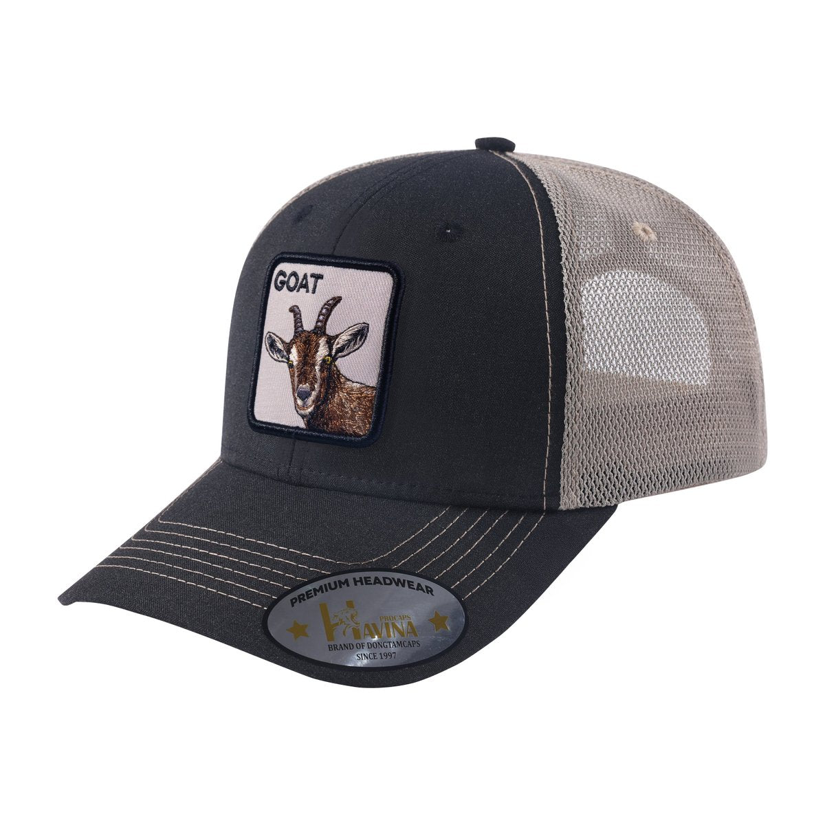 Goat 6-Panel Trucker Hat with Black front and Khaki back