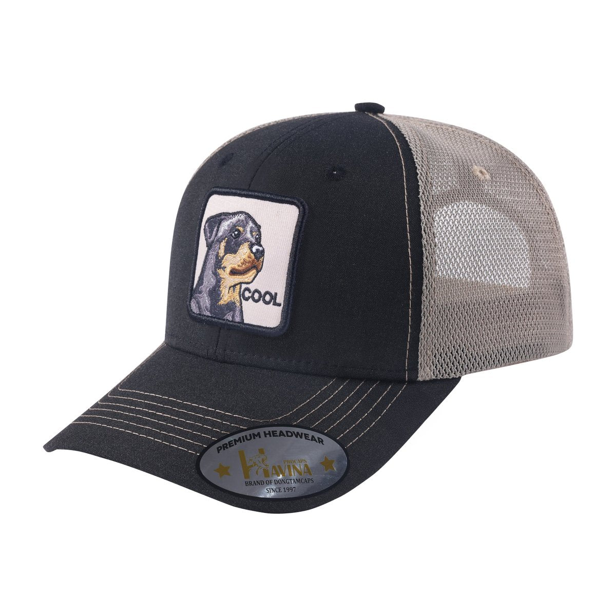 Cool Dog 6-Panel Trucker Hat with Black front and Khaki back