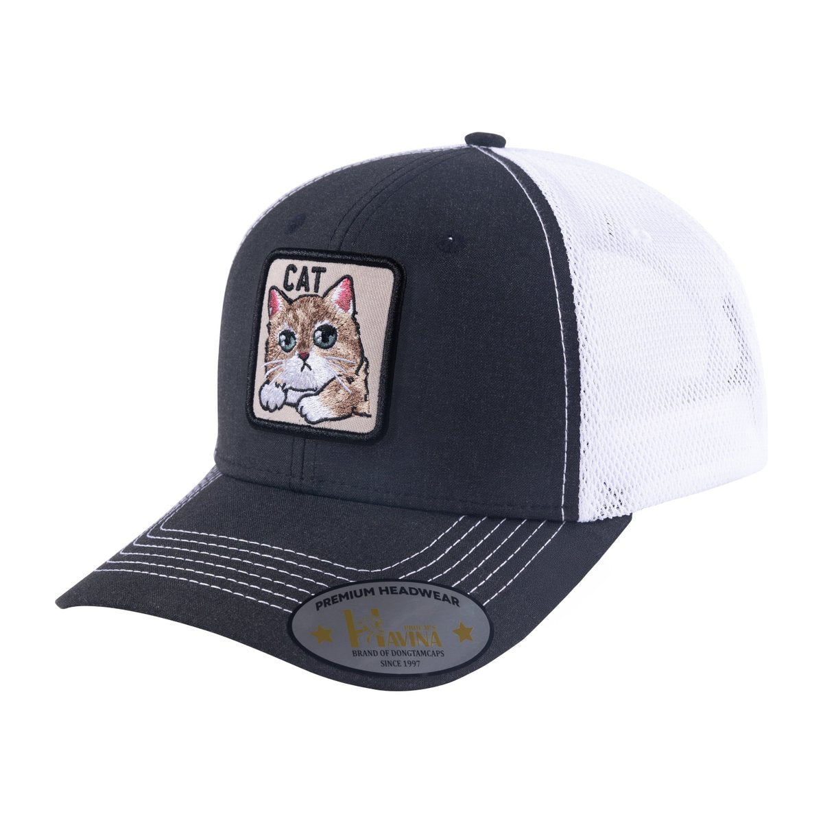 Cat 6-Panel Trucker Hat with Black front and White back