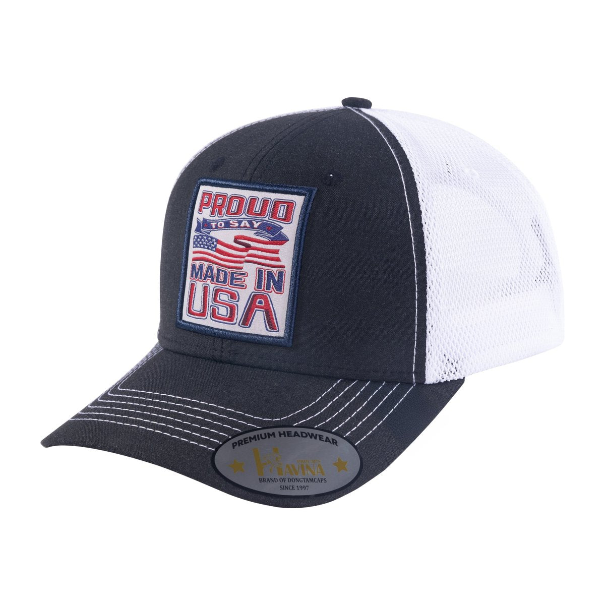 Proud to Say Made in USA 6-Panel Trucker Hat with Black front and White back