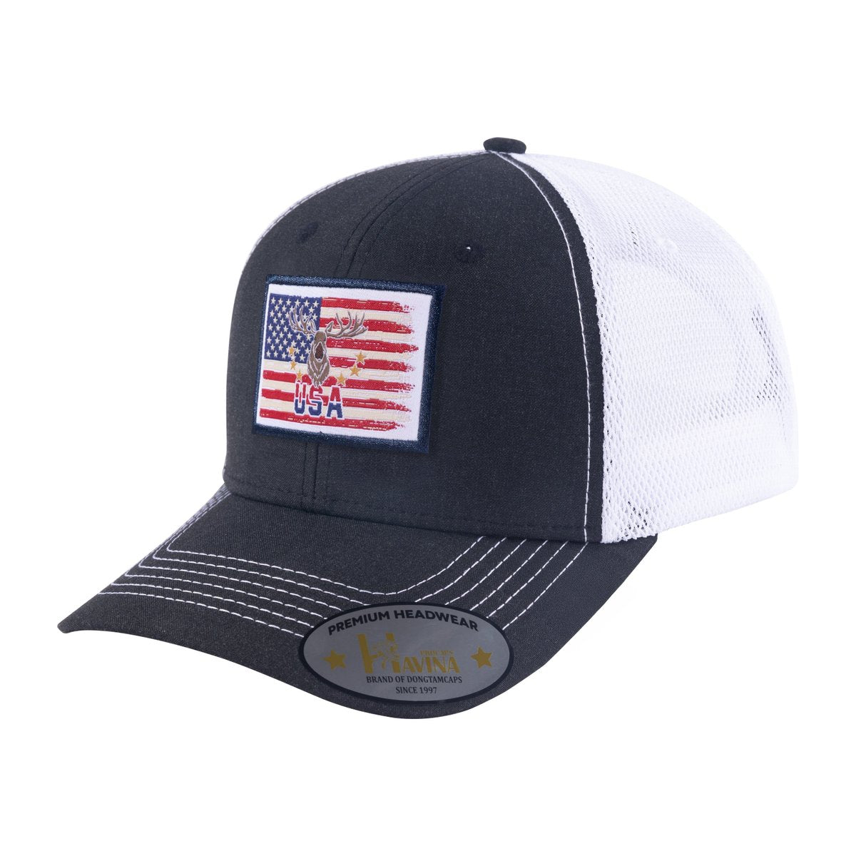 USA Deer Hunter 6-Panel Trucker Hat with Black front and White back