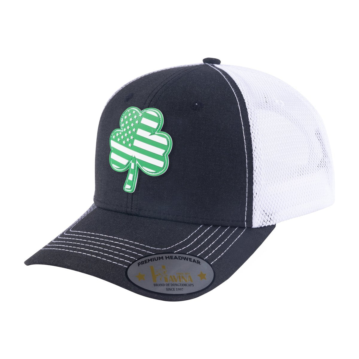 St. Patrick's Day Four Leaf Shamrock 6-Panel Trucker Hat with Black front and White back