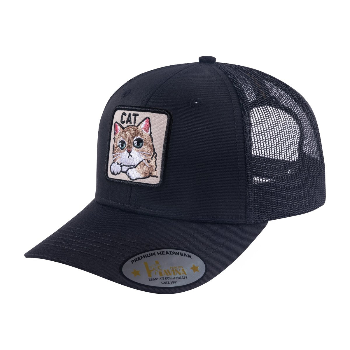 Cat 6-Panel Trucker Hat with Black front and Black back