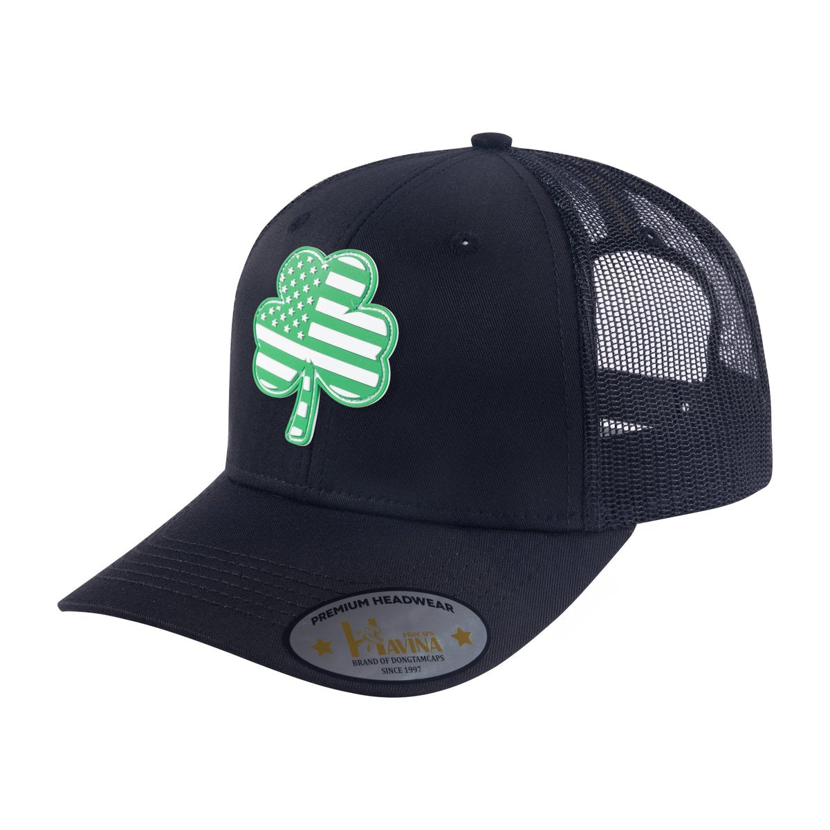 St. Patrick's Day Four Leaf Shamrock 6-Panel Trucker Hat with Black front and Black back