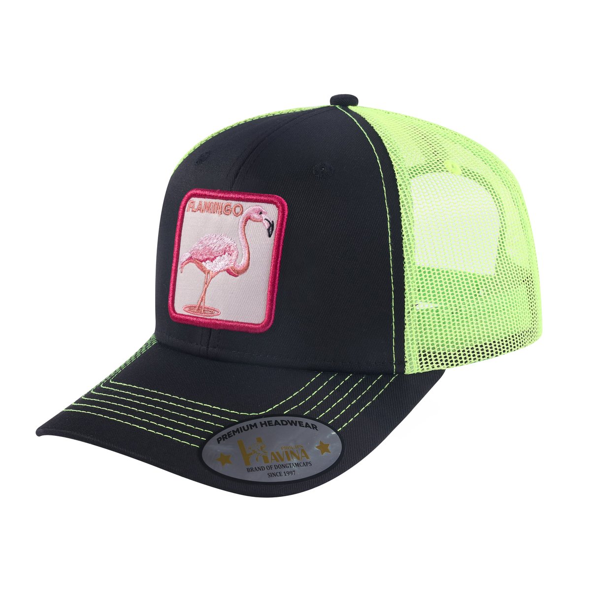 Flamingo 6-Panel Trucker Hat with Black front and Green back