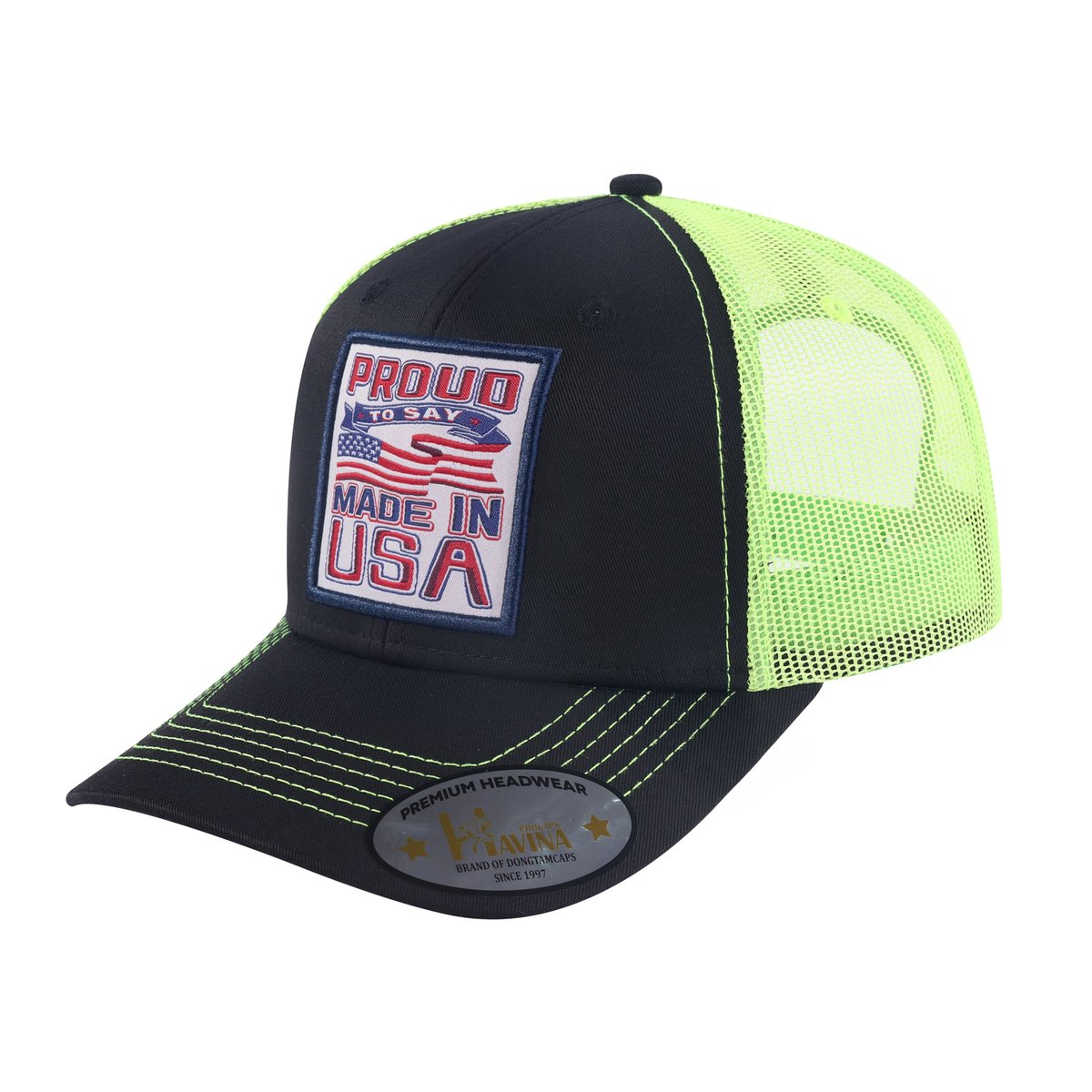 Proud to Say Made in USA 6-Panel Trucker Hat with Black front and Green back