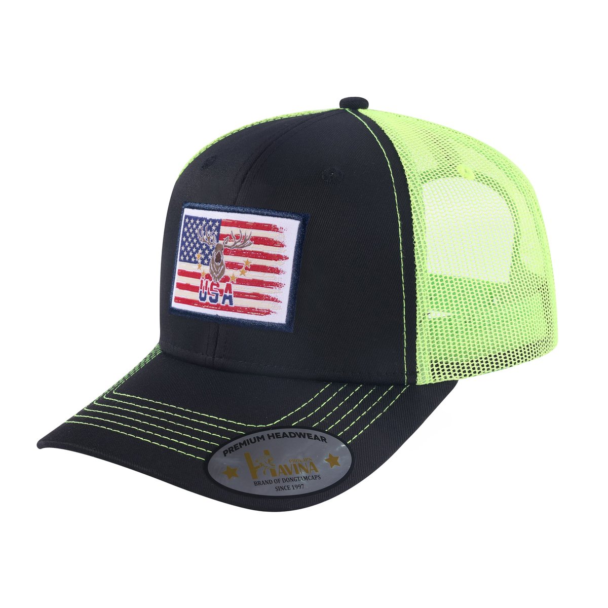 USA Deer Hunter 6-Panel Trucker Hat with Black front and Green back