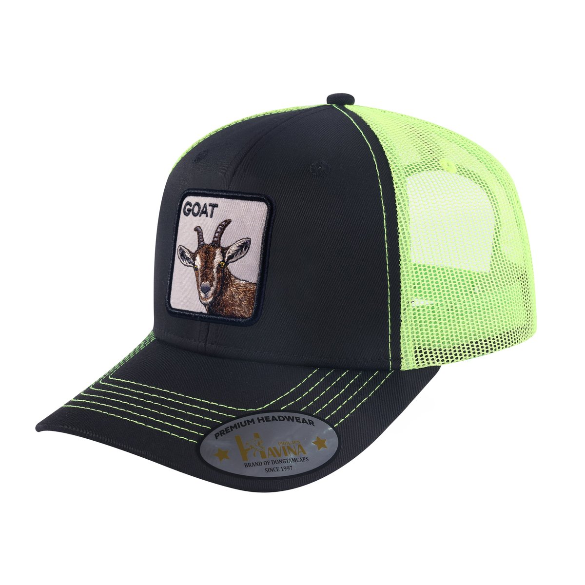 Goat 6-Panel Trucker Hat with Black front and Green back