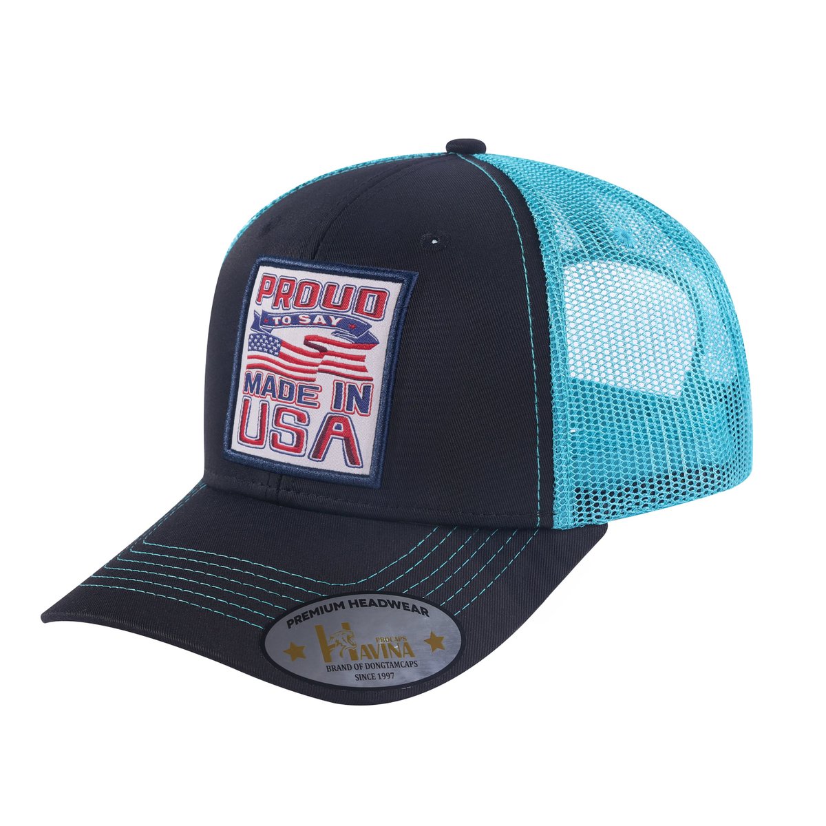 Proud to Say Made in USA 6-Panel Trucker Hat with Black front and Blue back
