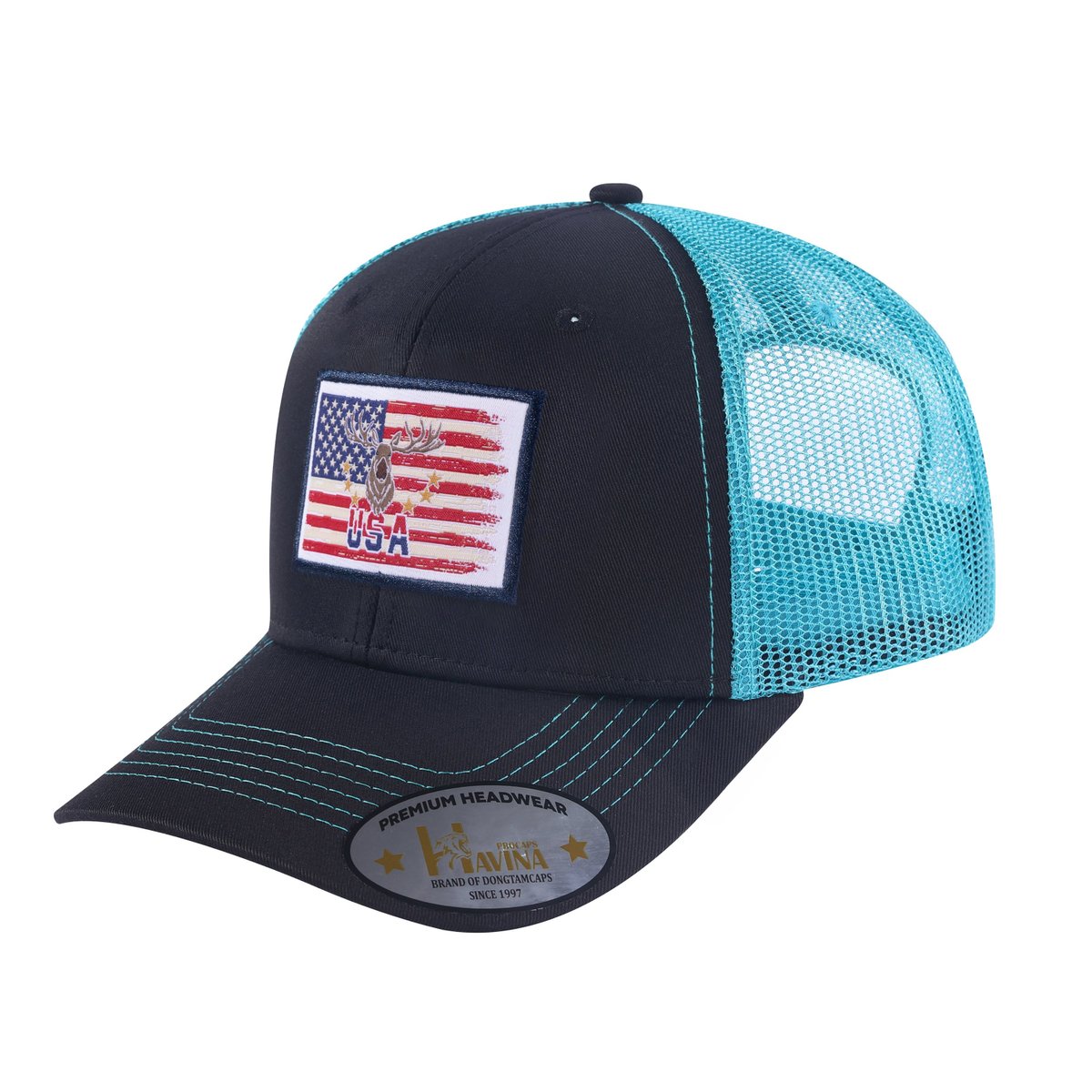 USA Deer Hunter 6-Panel Trucker Hat with Black front and Blue back