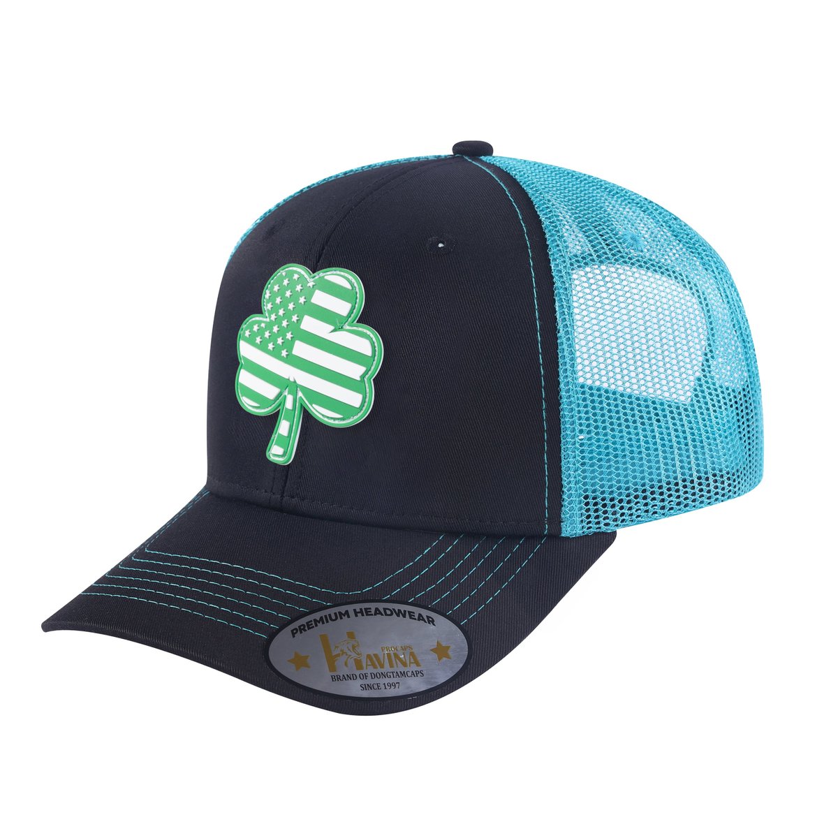 St. Patrick's Day Four Leaf Shamrock 6-Panel Trucker Hat with Black front and Blue back