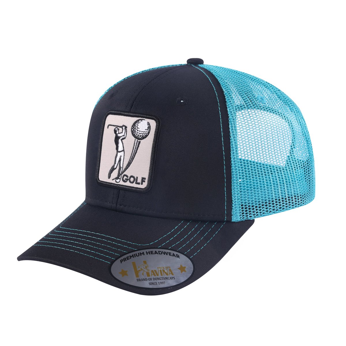 Golf 6-Panel Trucker Hat with Black front and Blue back