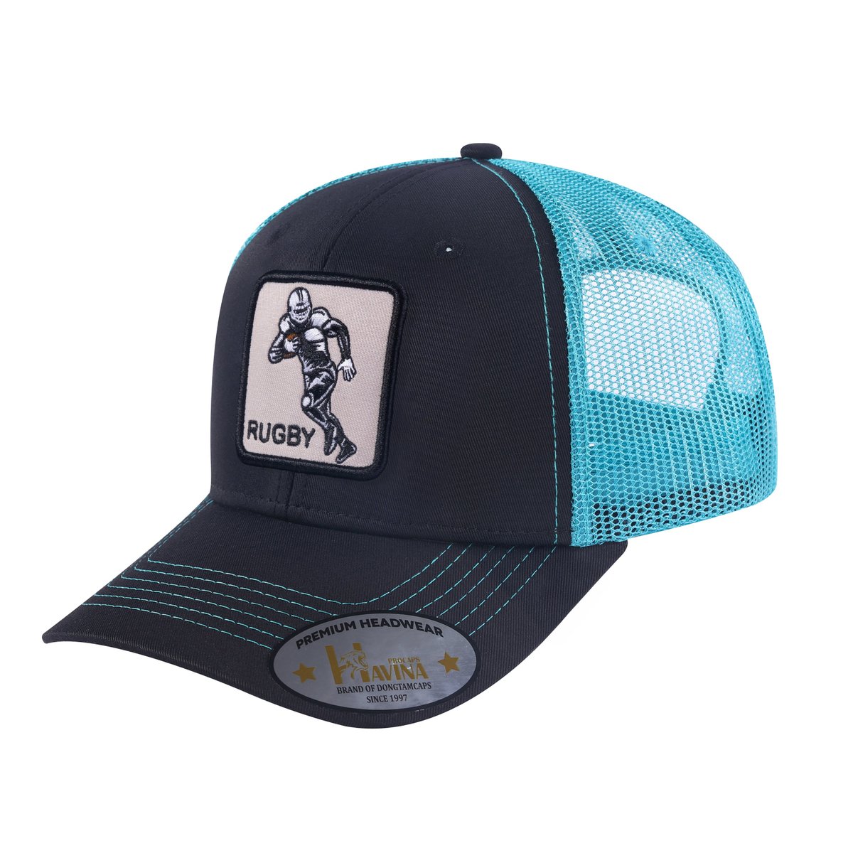Rugby 6-Panel Trucker Hat with Black front and Blue back