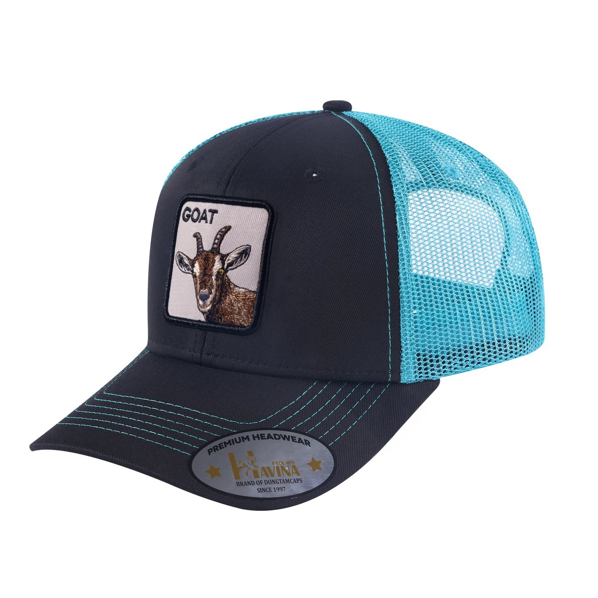 Goat 6-Panel Trucker Hat with Black front and Blue back