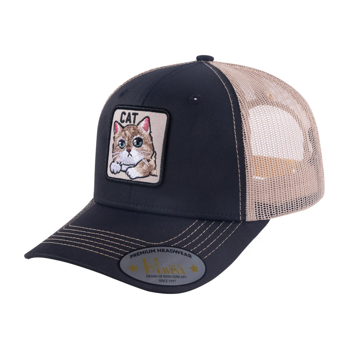 Cat 6-Panel Trucker Hat with Dark Grey front and Khaki back