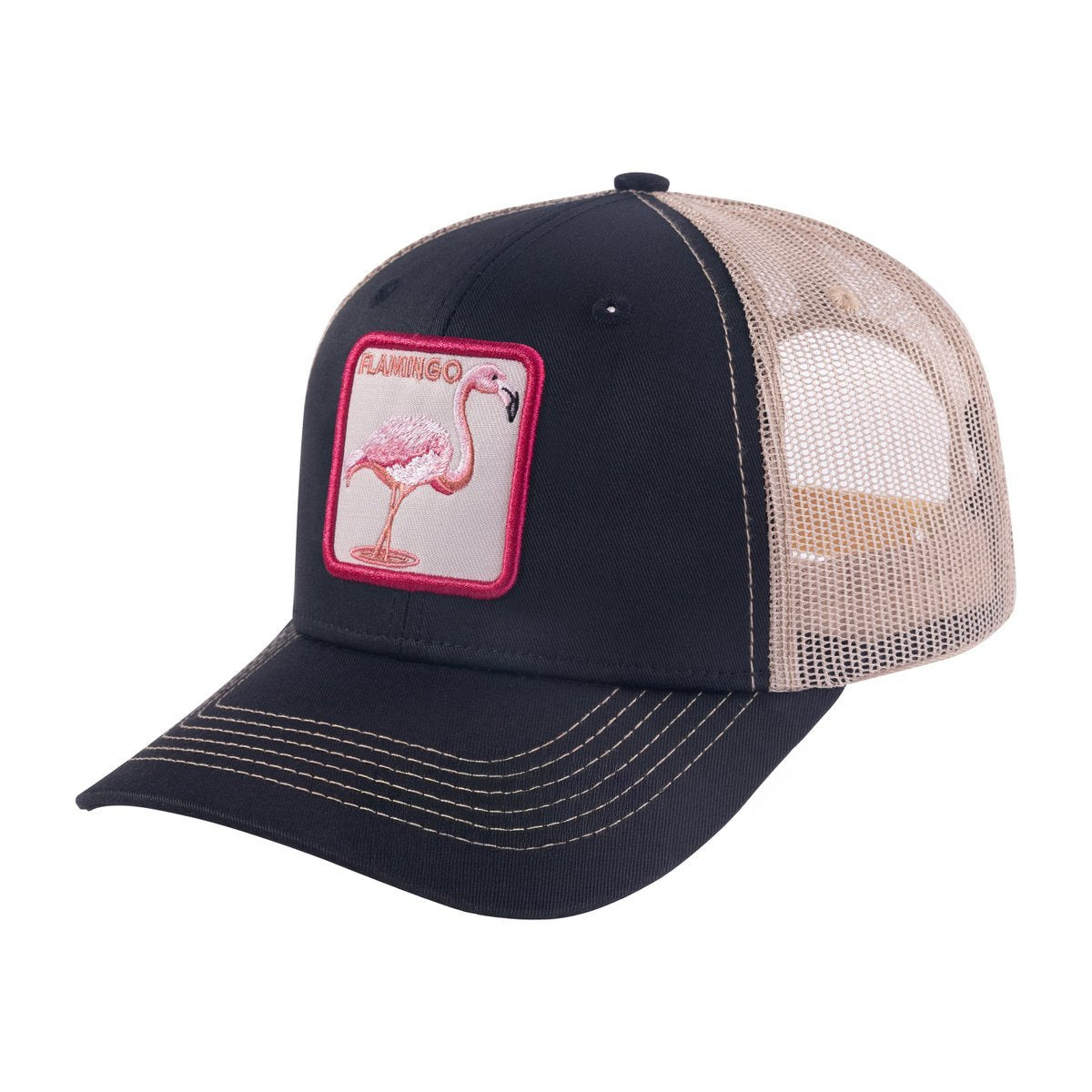 Flamingo 6-Panel Trucker Hat with Black front and Khaki back