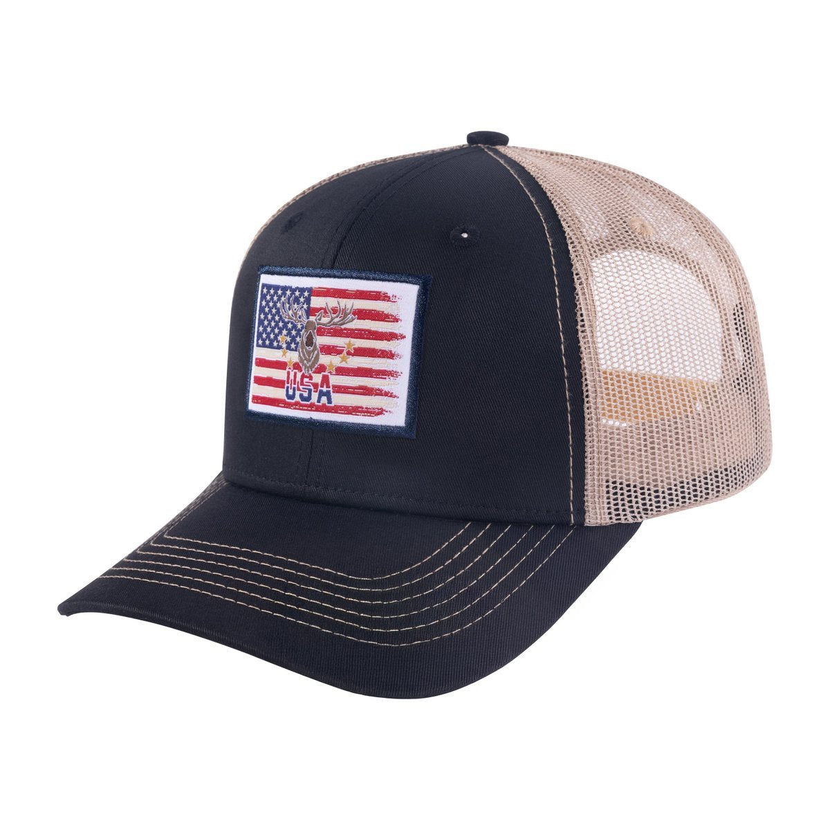 USA Deer Hunter 6-Panel Trucker Hat with Black front and Khaki back