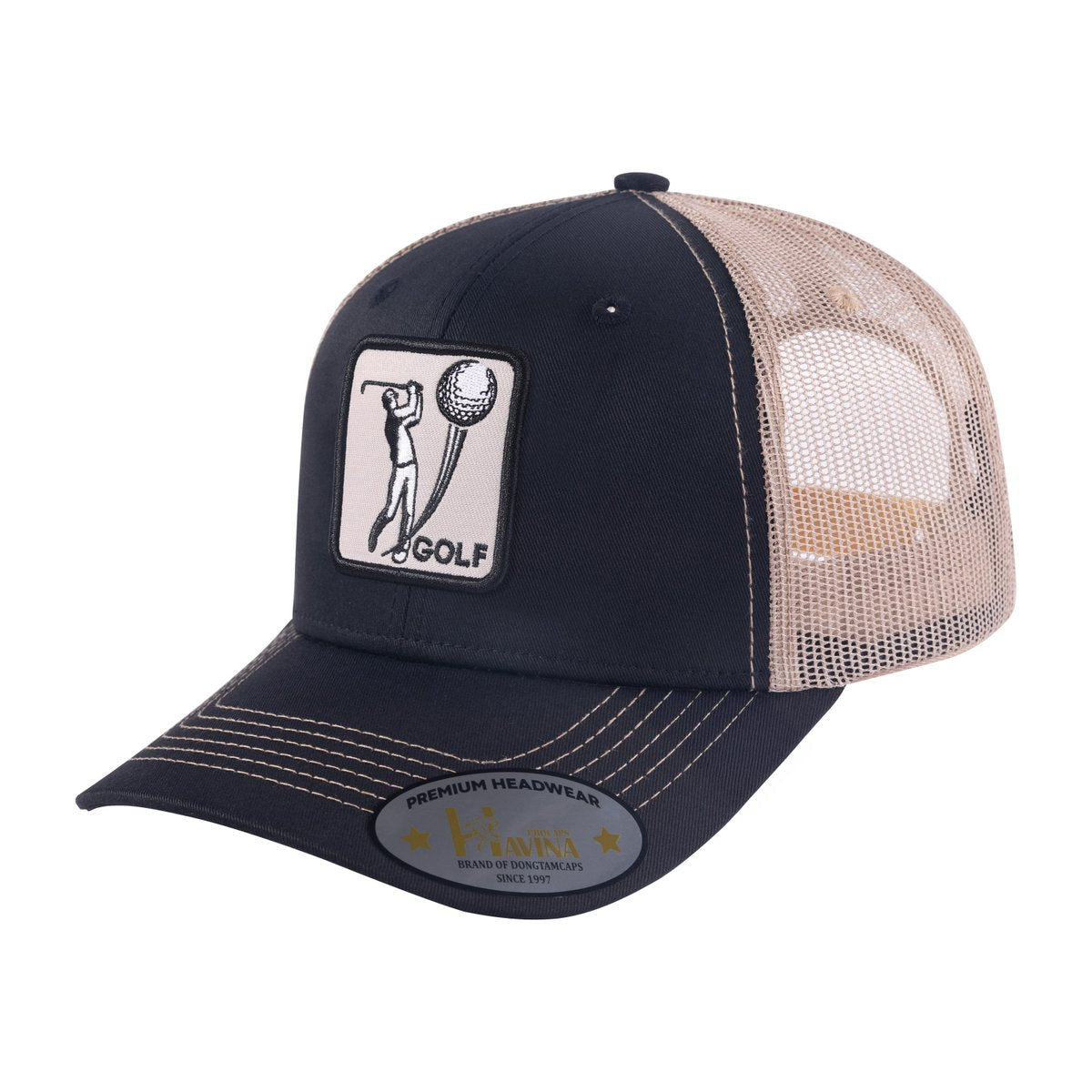 Golf 6-Panel Trucker Hat with Black front and Khaki back