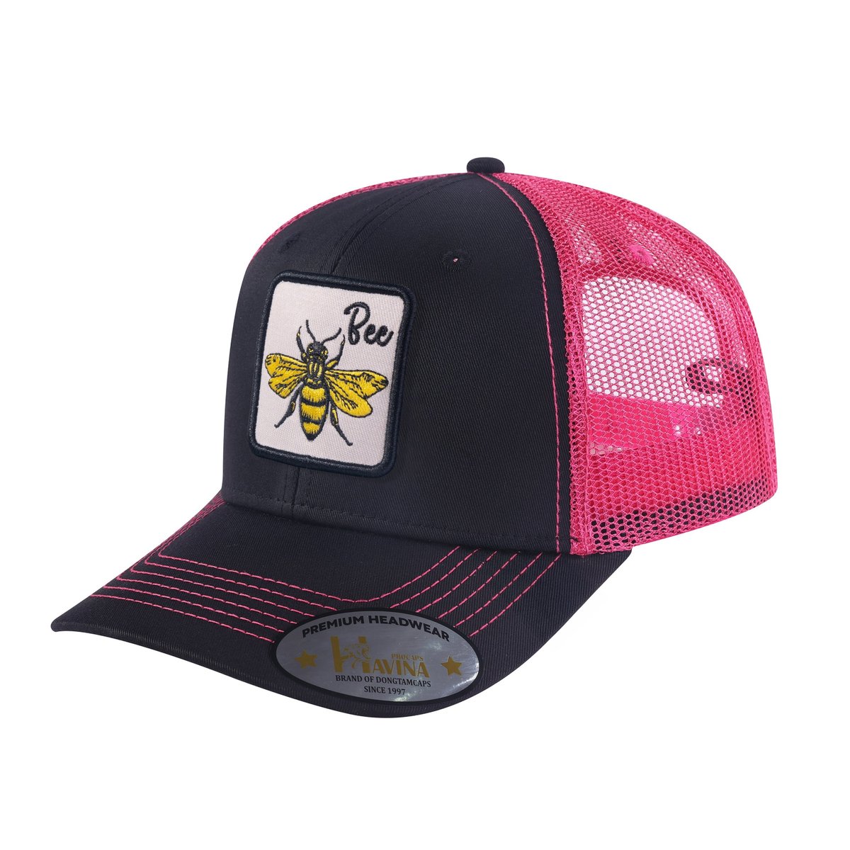 Bee 6-Panel Trucker Hat with Black front and Pink back