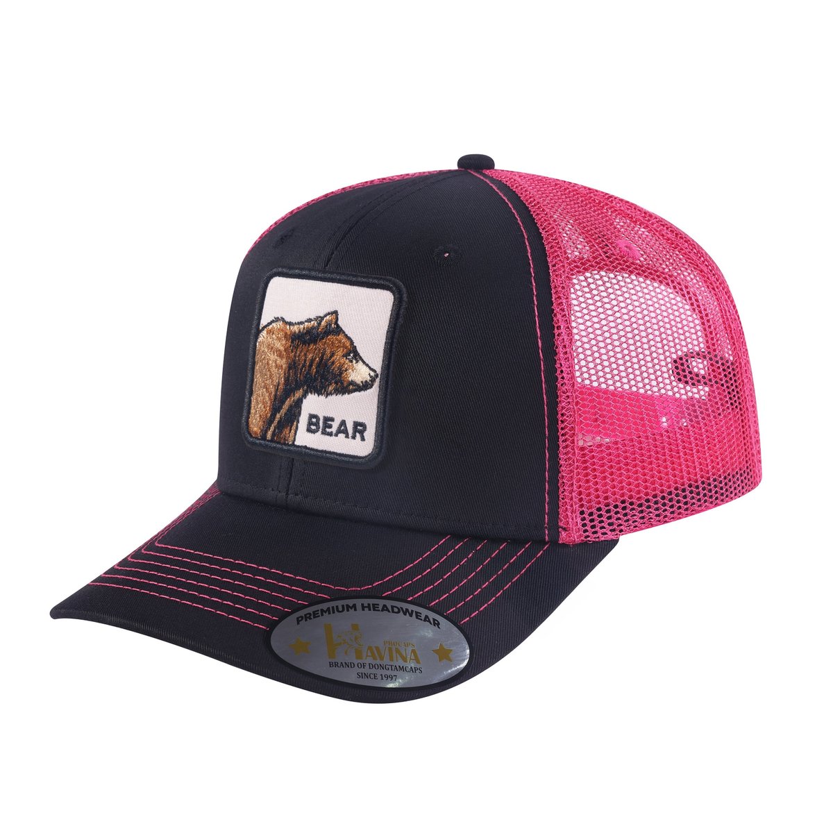 Bear 6-Panel Trucker Hat with Black front and Pink back