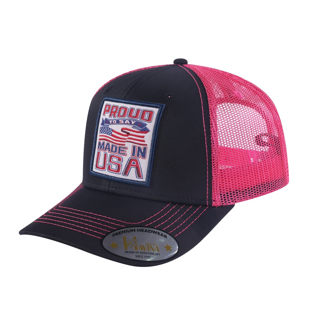 Proud to Say Made in USA 6-Panel Trucker Hat with Black front and Pink back