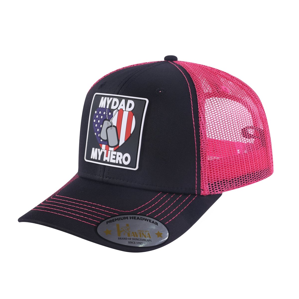 My Dad My Hero 6-Panel Trucker Hat with Black front and Pink back