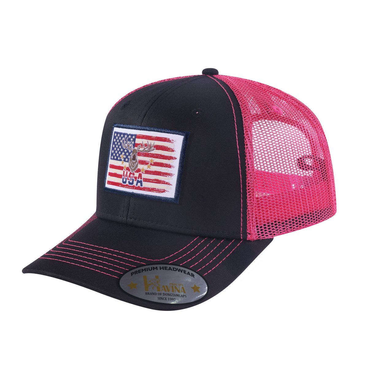 USA Deer Hunter 6-Panel Trucker Hat with Black front and Pink back