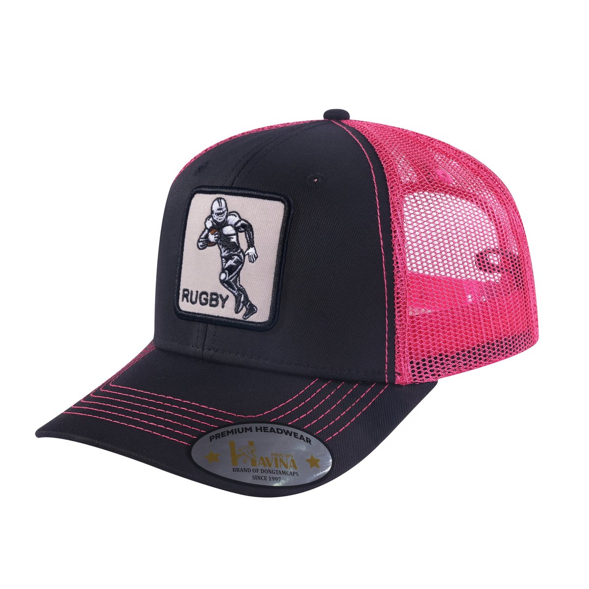 Rugby 6-Panel Trucker Hat with Black front and Pink back