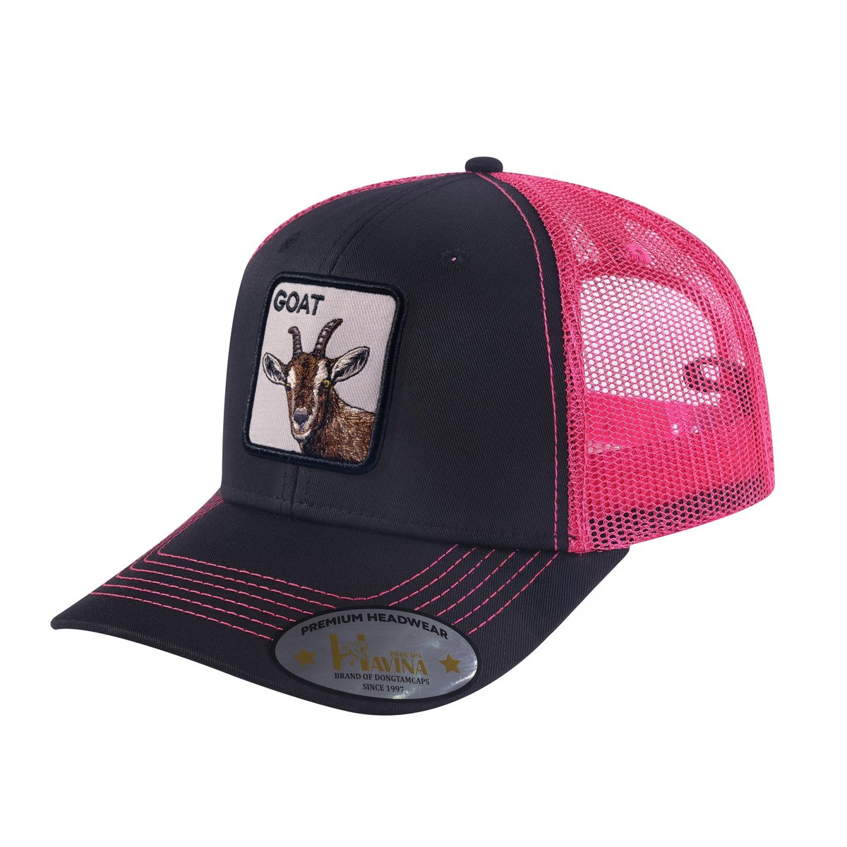 Goat 6-Panel Trucker Hat with Black front and Pink back