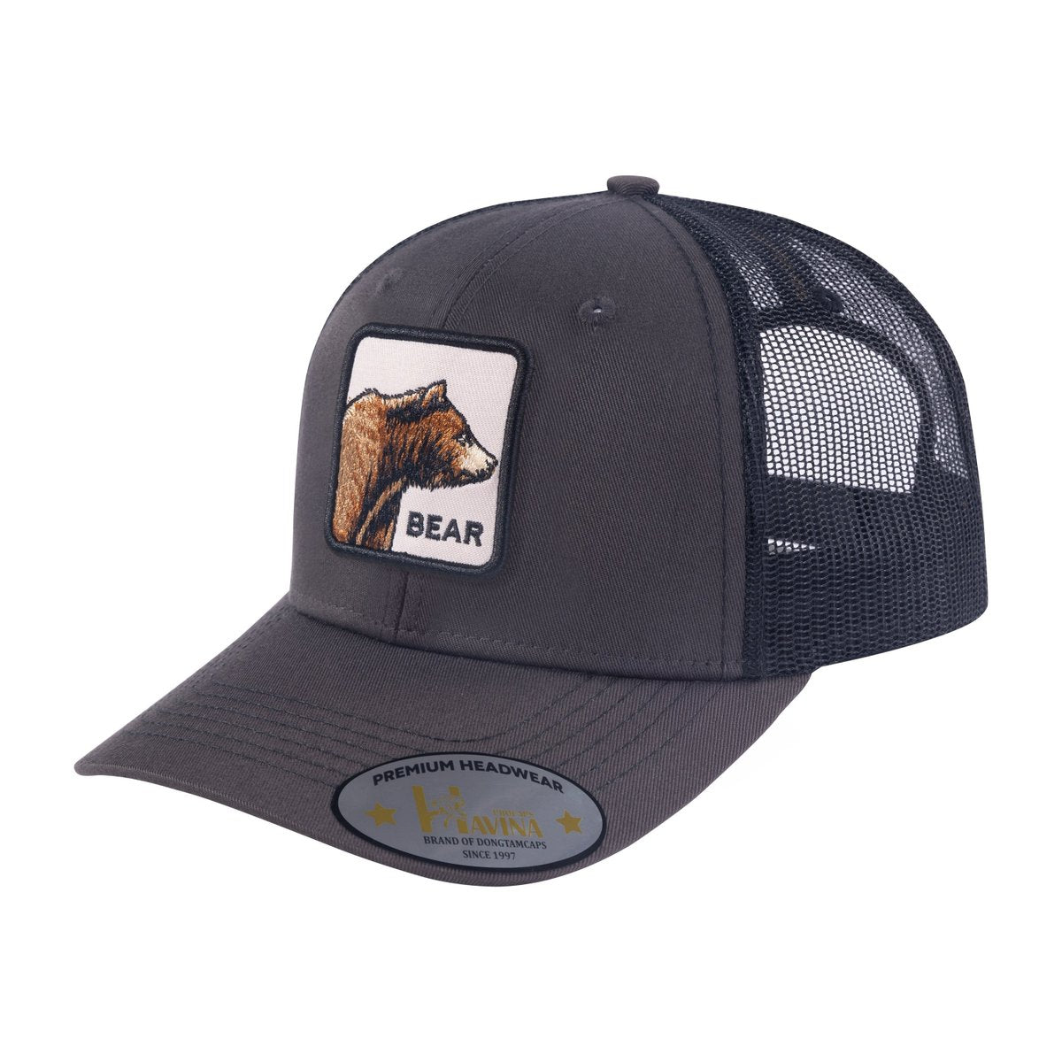 Bear 6-Panel Trucker Hat with Dark Grey front and Black back