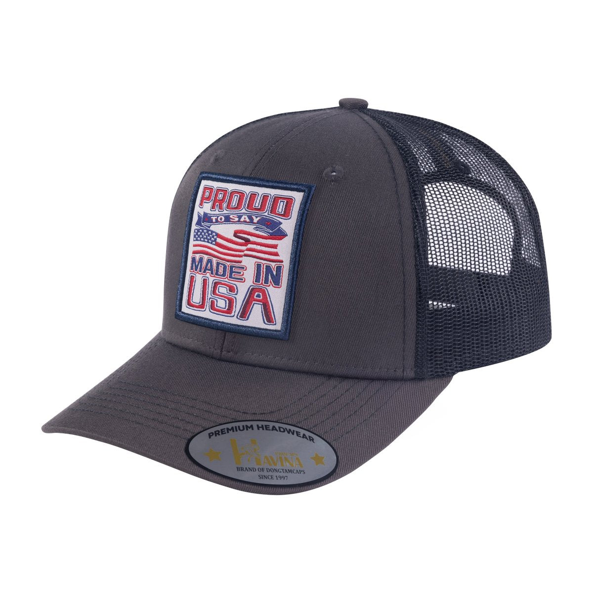 Proud to Say Made in USA 6-Panel Trucker Hat with Dark Grey front and Black back
