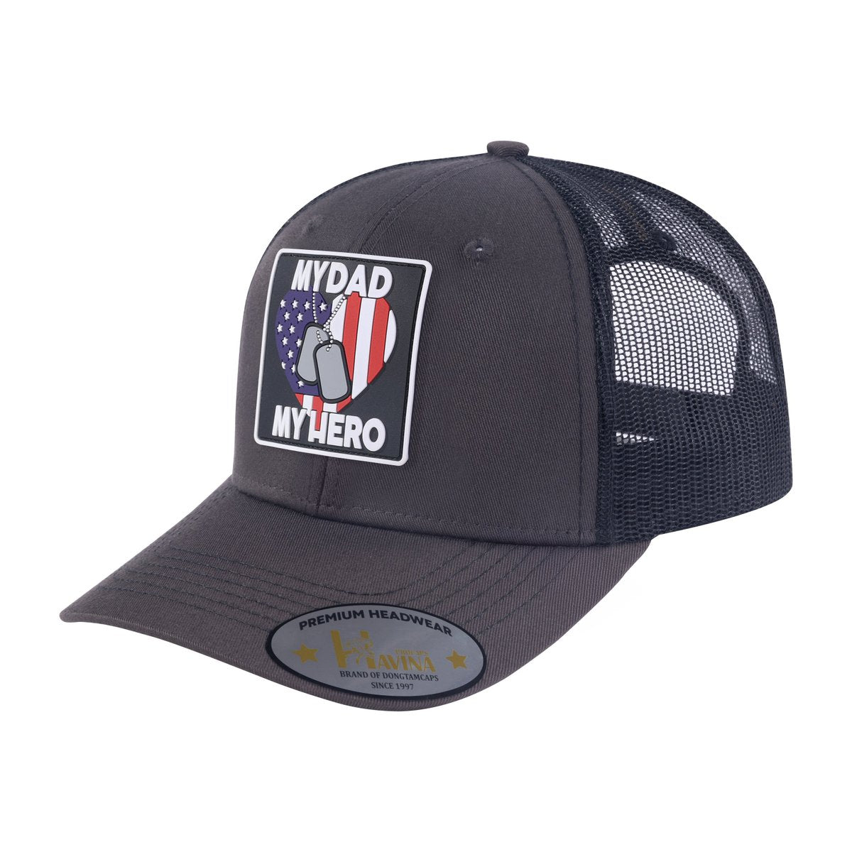 My Dad My Hero 6-Panel Trucker Hat with Dark Grey front and Black back