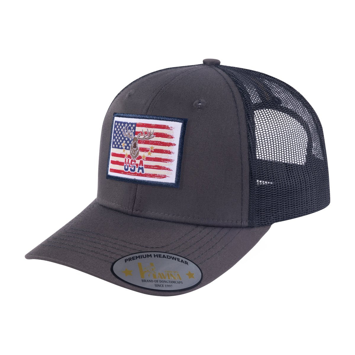 USA Deer Hunter 6-Panel Trucker Hat with Dark Grey front and Black back