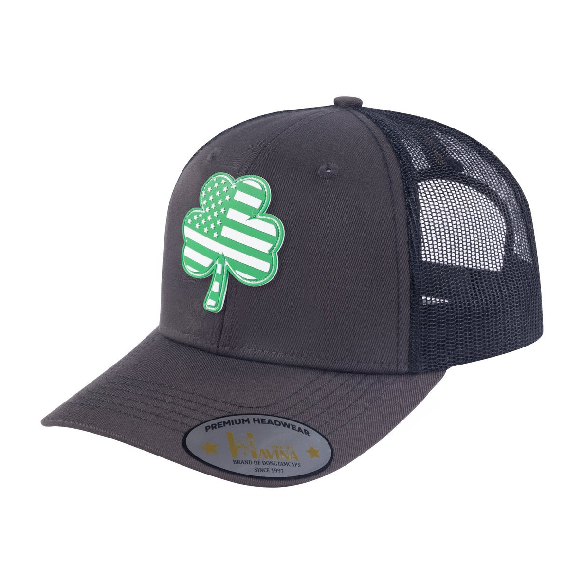 St. Patrick's Day Four Leaf Shamrock 6-Panel Trucker Hat with Dark Grey front and Black back