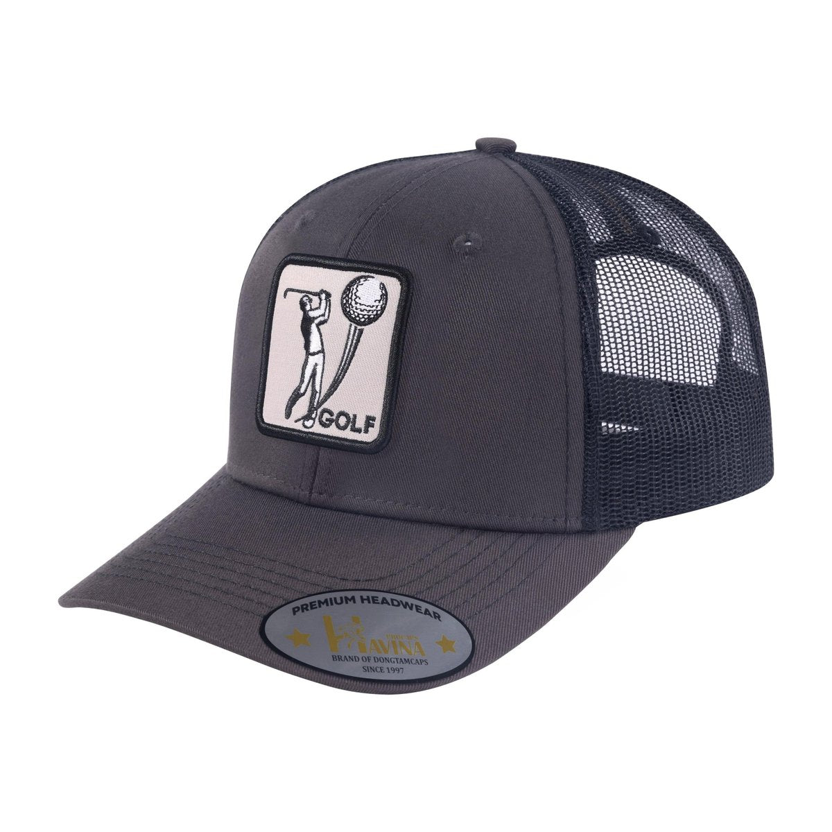 Golf 6-Panel Trucker Hat with Dark Grey front and Black back