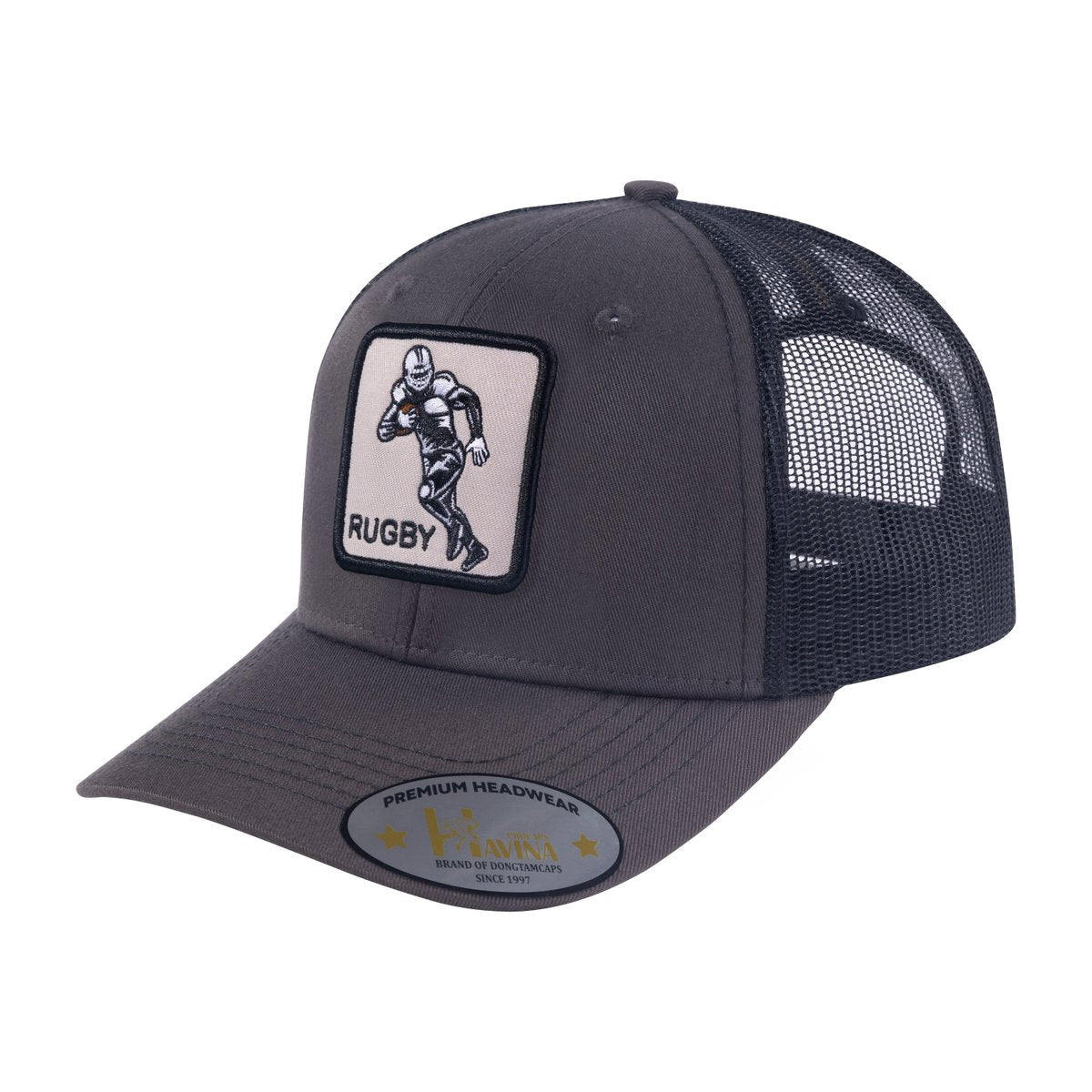 Rugby 6-Panel Trucker Hat with Dark Grey front and Black back