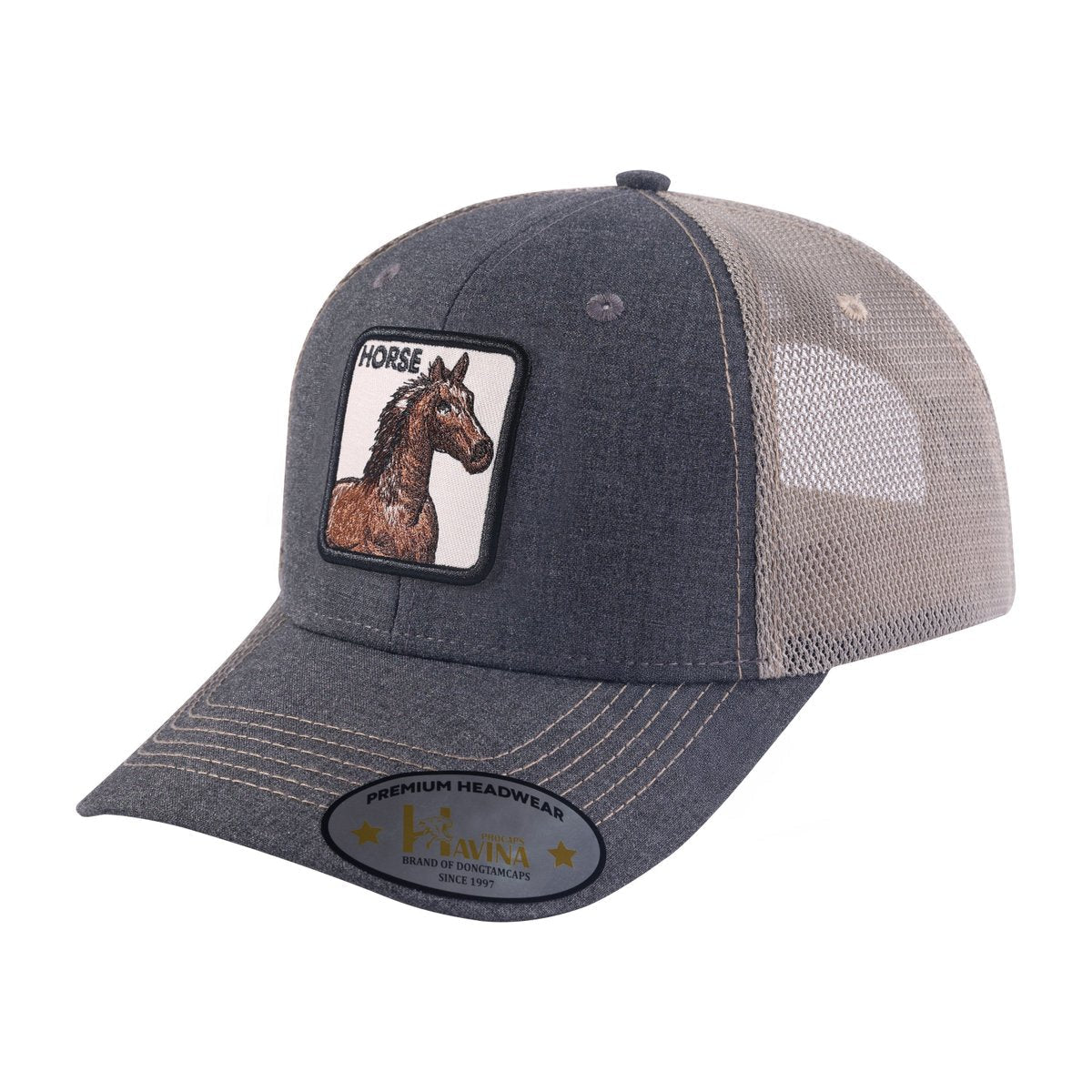 Horse 6-Panel Trucker Hat with Dark Grey front and Khaki back