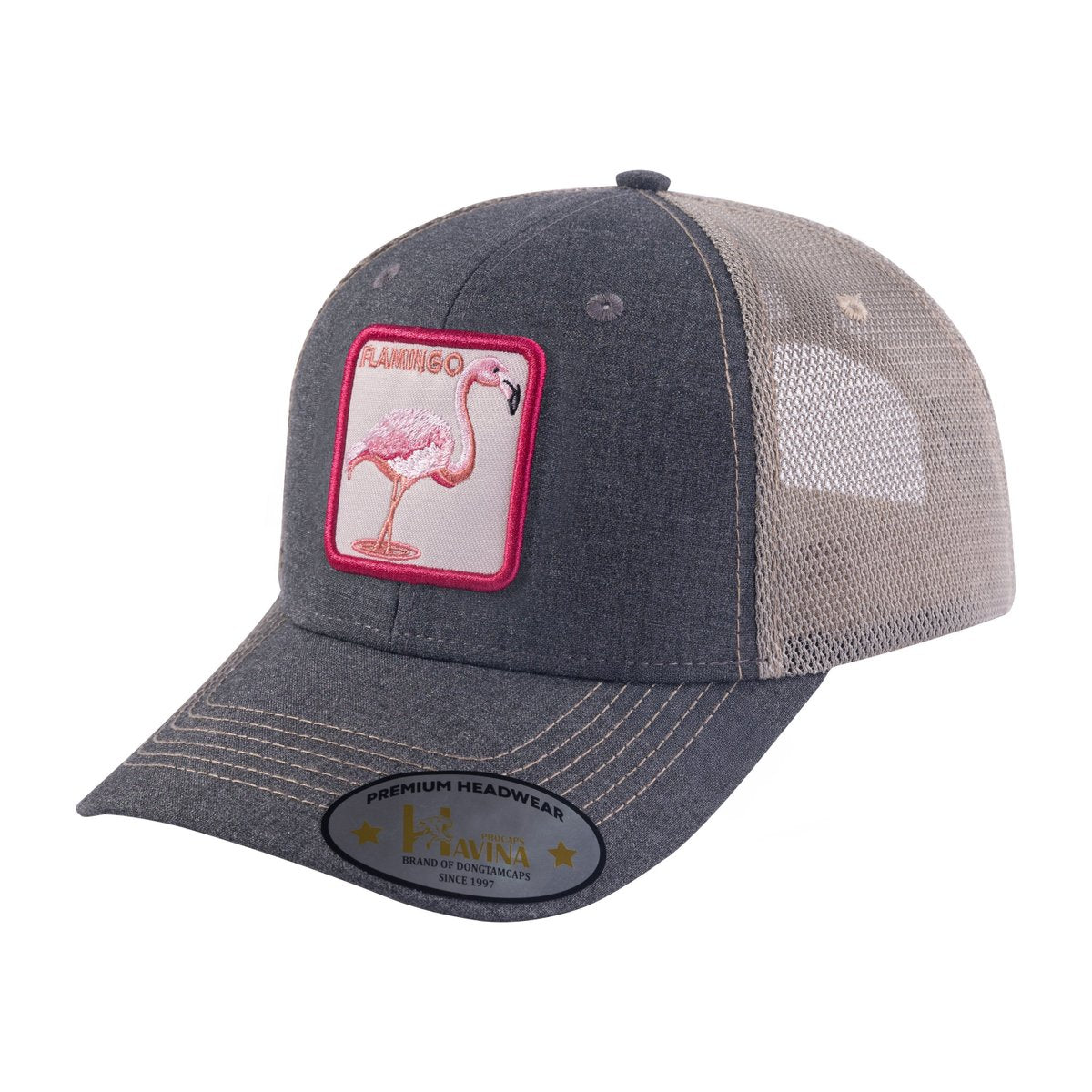 Flamingo 6-Panel Trucker Hat with Dark Grey front and Khaki back