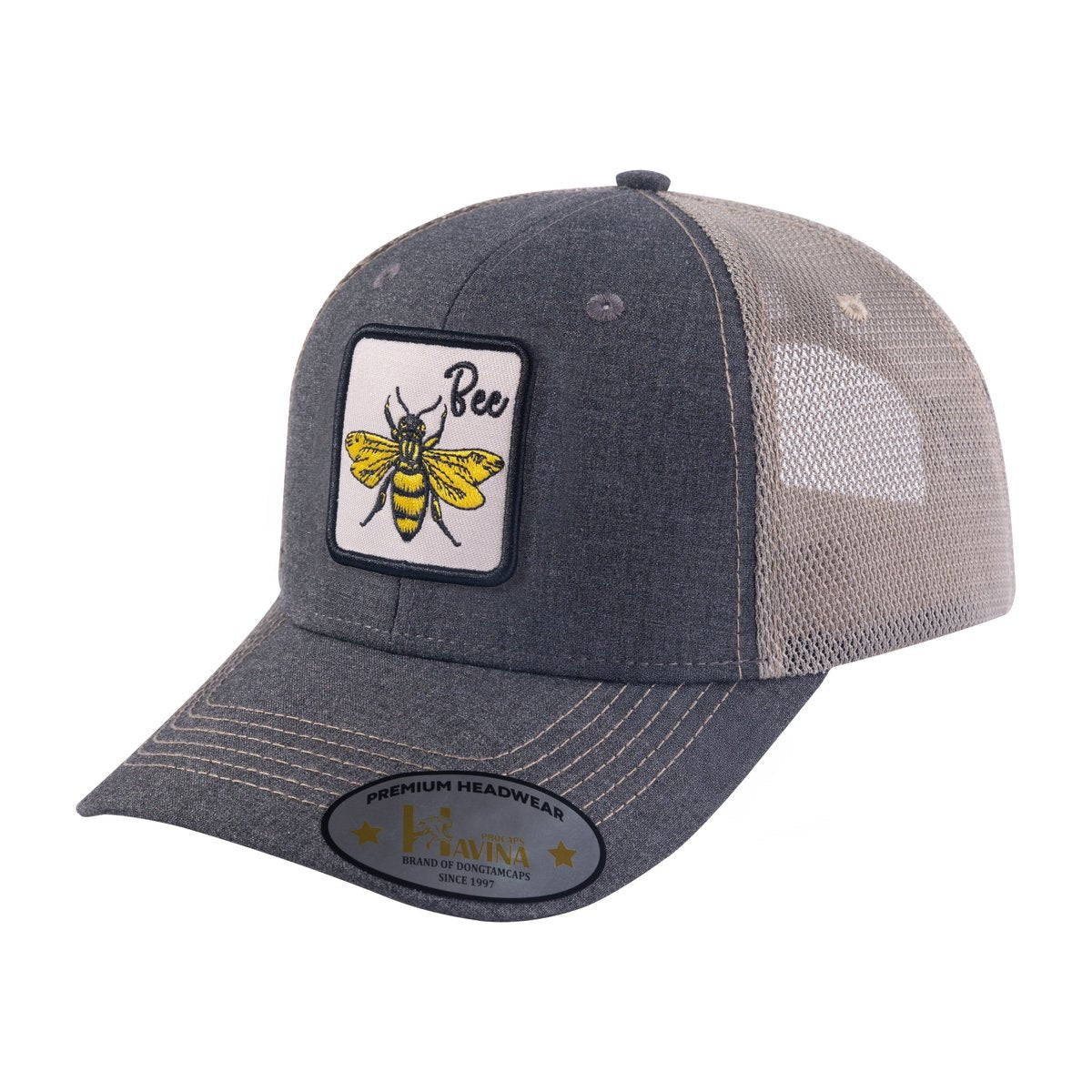 Bee 6-Panel Trucker Hat with Dark Grey front and Khaki back