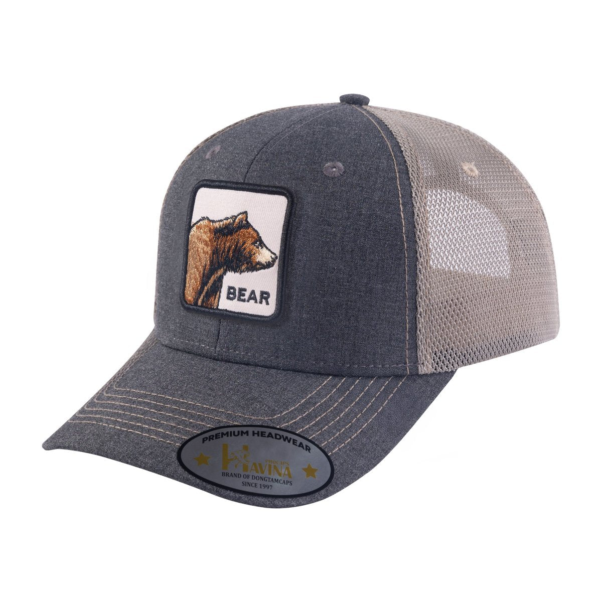 Bear 6-Panel Trucker Hat with Dark Grey front and Khaki back
