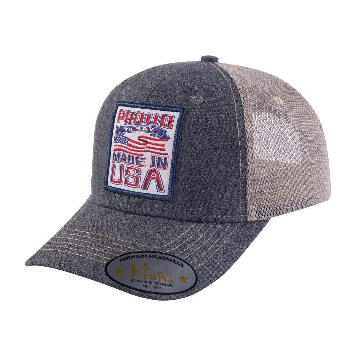 Proud to Say Made in USA 6-Panel Trucker Hat with Dark Grey front and Khaki back