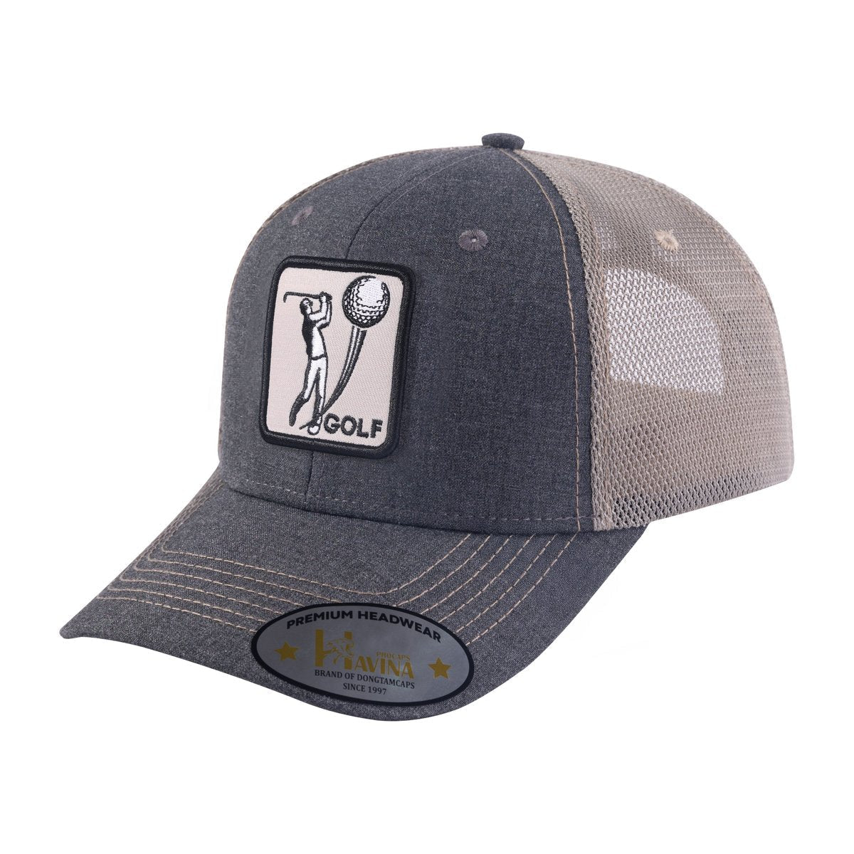 Golf 6-Panel Trucker Hat with Dark Grey front and Khaki back