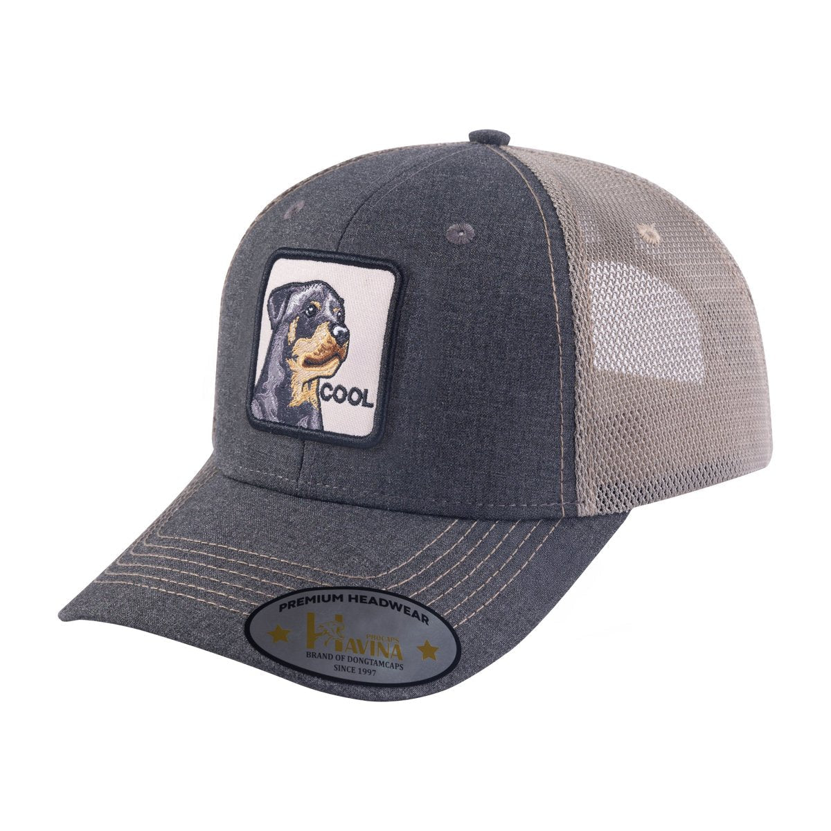 Cool Dog 6-Panel Trucker Hat with Dark Grey front and Khaki back